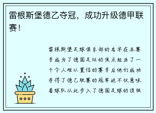 雷根斯堡德乙夺冠，成功升级德甲联赛！